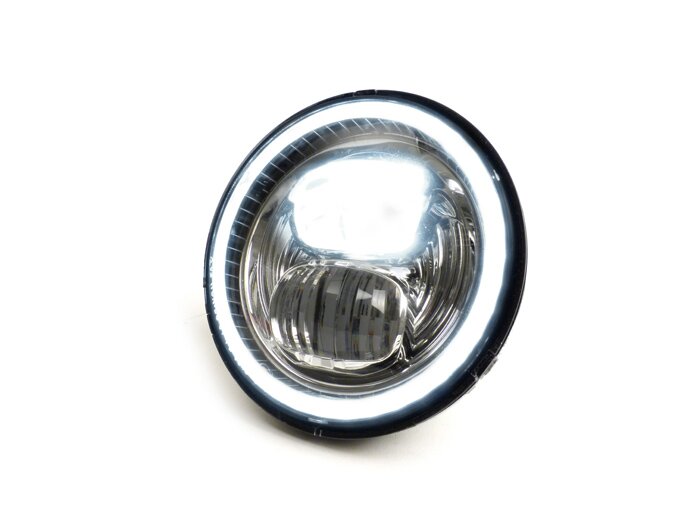 Koplamp (verchroomde reflector) -MOTO NOSTRA- LED HighPower - Ø=143mm (5 3/4) - 12V DC - met E9 markering - voor ombouw van bijv. Vespa PX, Cosa, Sprint, GTR, Rally