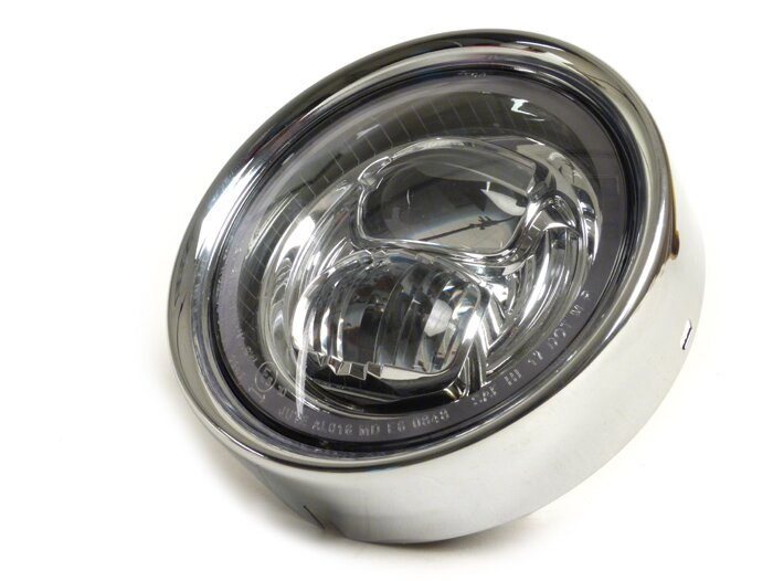 Koplamp (verchroomde reflector) -MOTO NOSTRA- LED HighPower - Ø=143mm (5 3/4) - 12V DC - met E9 markering - voor ombouw van bijv. Vespa PX, Cosa, Sprint, GTR, Rally