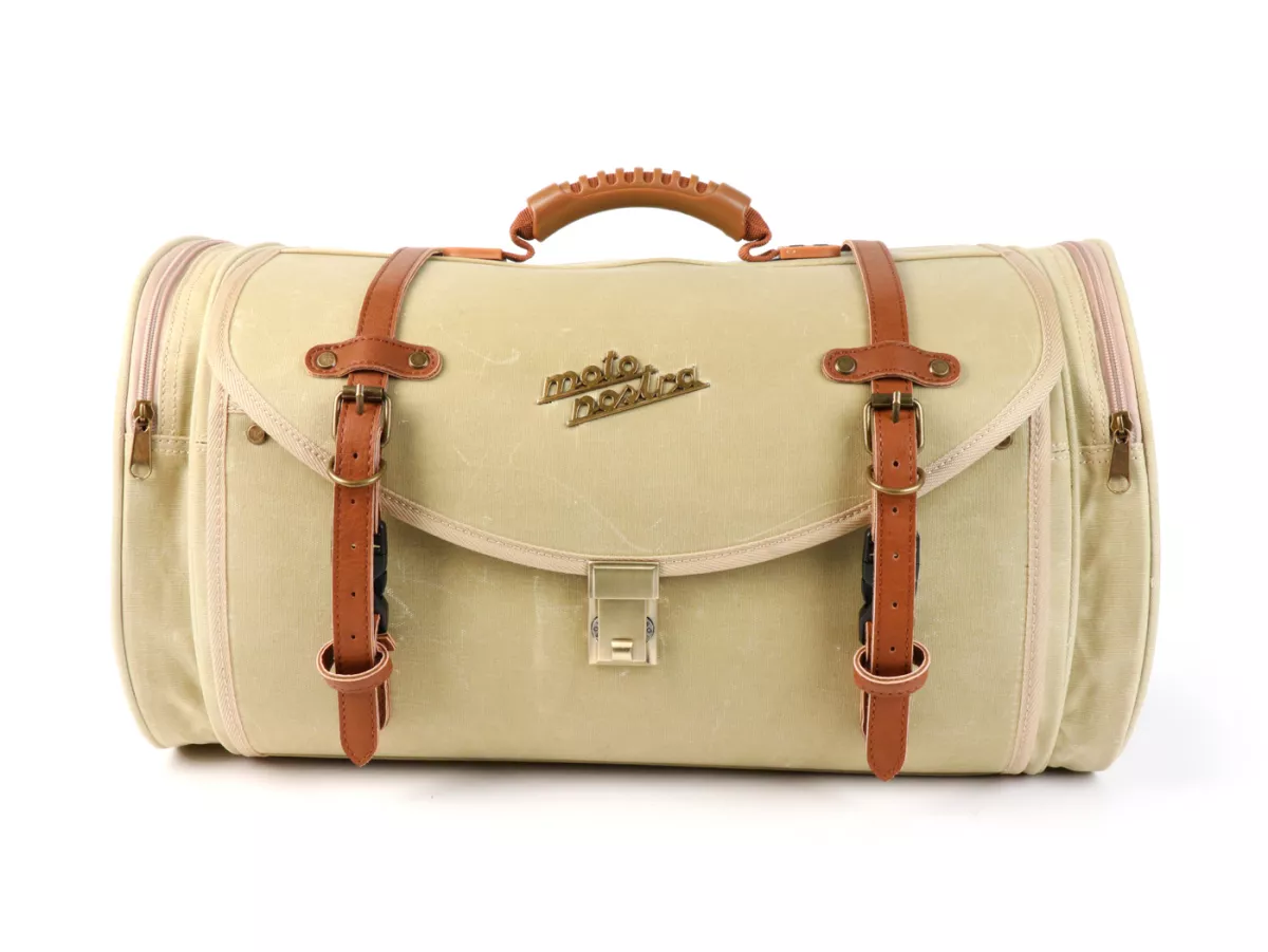Casing - Tas (besar) untuk rak bagasi (alternatif dari top case) -MOTO NOSTRA Classic 'kanvas berlapis lilin' 480x300x270mm - cocok untuk misalnya Vespa, Lambretta, GTS, GTV, LX/LXV, ET4, S50-150, Sprint, Primavera - 35 liter - krem
