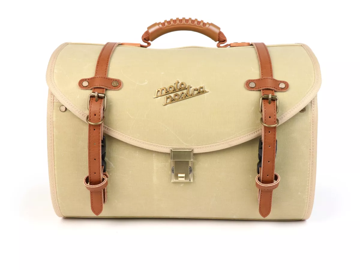 Casing - Tas (besar) untuk rak bagasi (alternatif dari top case) -MOTO NOSTRA Classic 'kanvas berlapis lilin' 480x300x270mm - cocok untuk misalnya Vespa, Lambretta, GTS, GTV, LX/LXV, ET4, S50-150, Sprint, Primavera - 35 liter - krem