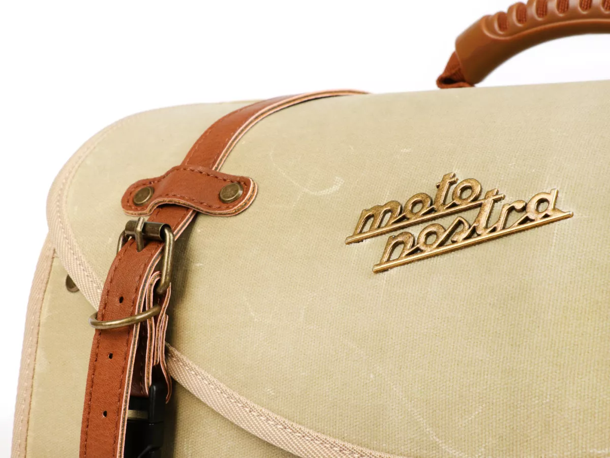 Casing - Tas (besar) untuk rak bagasi (alternatif dari top case) -MOTO NOSTRA Classic 'kanvas berlapis lilin' 480x300x270mm - cocok untuk misalnya Vespa, Lambretta, GTS, GTV, LX/LXV, ET4, S50-150, Sprint, Primavera - 35 liter - krem