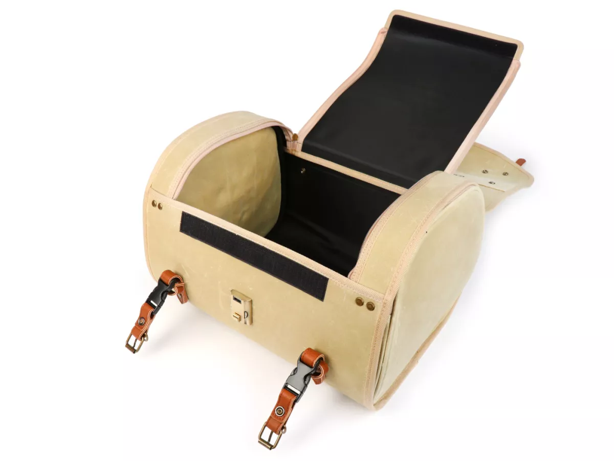 Casing - Tas (besar) untuk rak bagasi (alternatif dari top case) -MOTO NOSTRA Classic 'kanvas berlapis lilin' 480x300x270mm - cocok untuk misalnya Vespa, Lambretta, GTS, GTV, LX/LXV, ET4, S50-150, Sprint, Primavera - 35 liter - krem