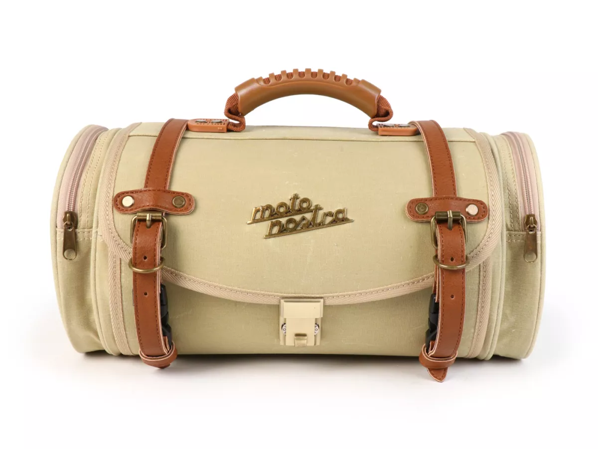 Sac à roulettes (petit) pour le transport (alternative au topcase) -MOTO NOSTRA Classic coton ciré 330x190x180mm- convient par exemple pour Vespa, Lambretta, GTS 125-300, GTV, LX/LXV, ET4, S50-150, Sprint, Primavera - 10 litres - beige