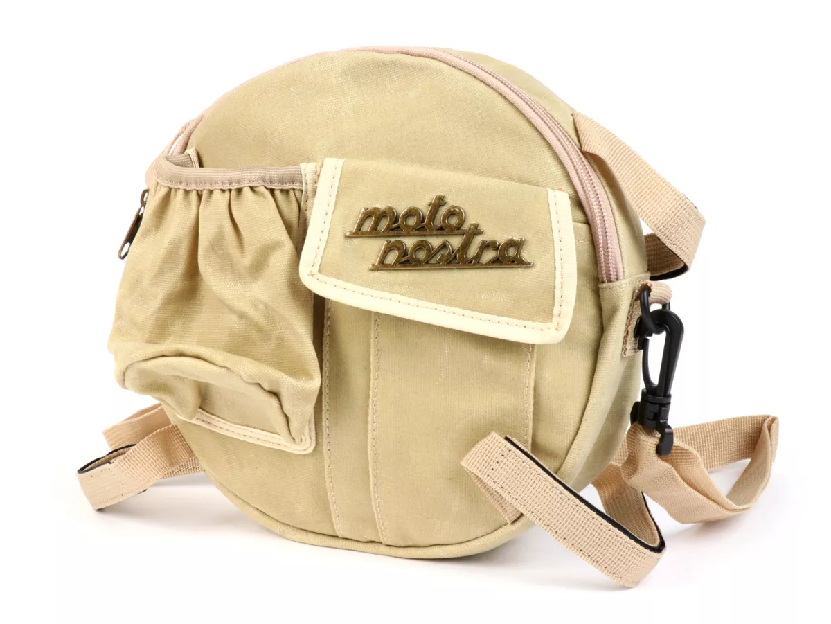 Tas bundar (Ø23cm) untuk roda cadangan 10 inci / tas bahu (termasuk tempat gelas) -MOTO NOSTRA Classic 'kanvas berlapis lilin' - cocok untuk mis. Vespa, Lambretta - krem
