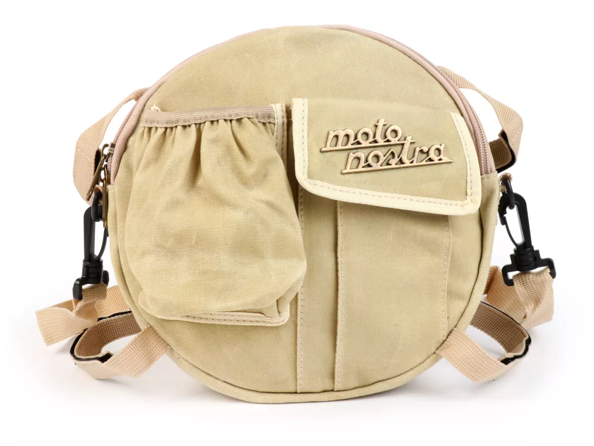 Tas bundar (Ø23cm) untuk roda cadangan 10 inci / tas bahu (termasuk tempat gelas) -MOTO NOSTRA Classic 'kanvas berlapis lilin' - cocok untuk mis. Vespa, Lambretta - krem