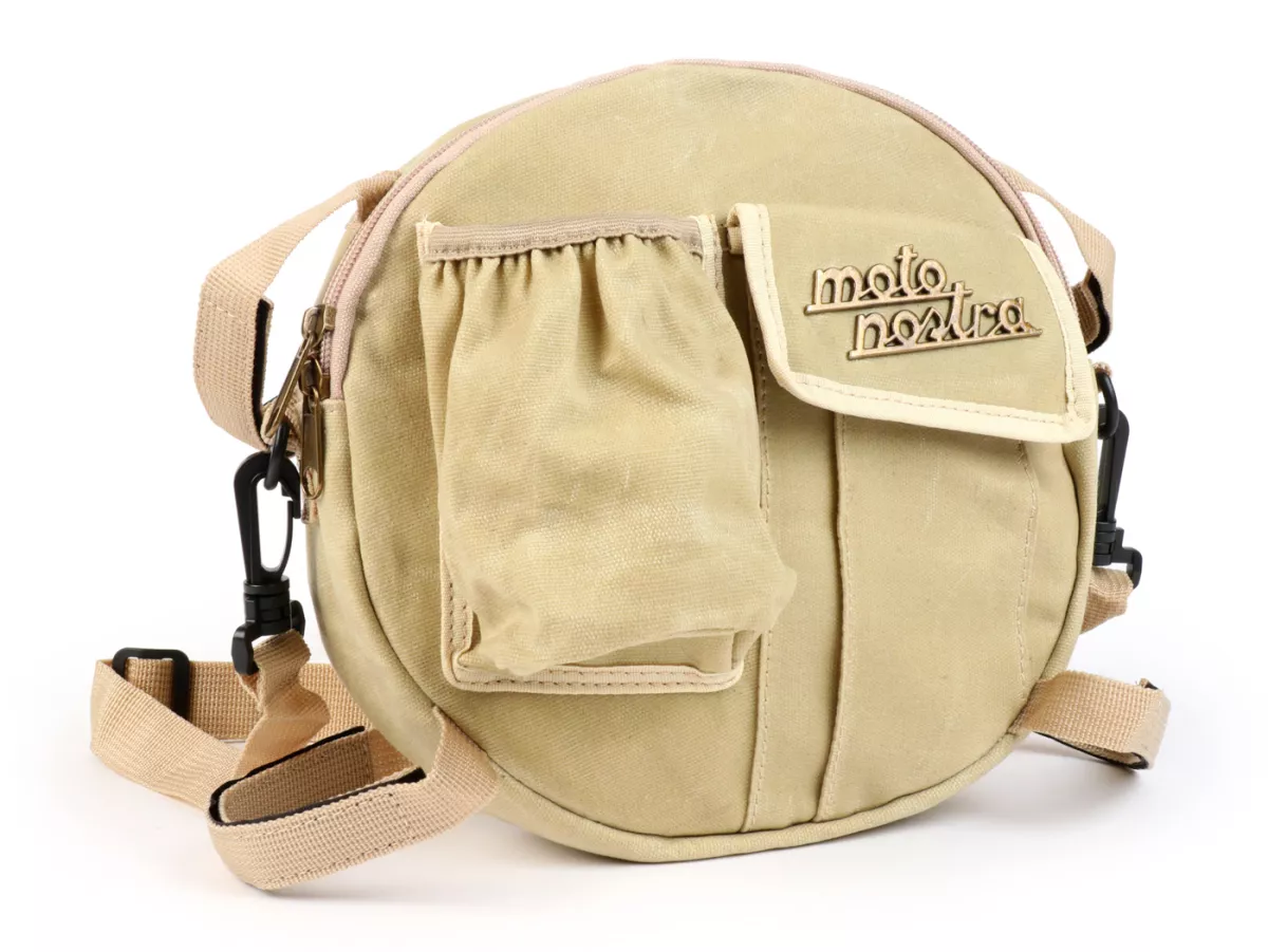 Tas bundar (Ø23cm) untuk roda cadangan 10 inci / tas bahu (termasuk tempat gelas) -MOTO NOSTRA Classic 'kanvas berlapis lilin' - cocok untuk mis. Vespa, Lambretta - krem