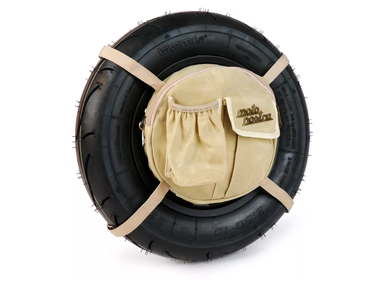 Tas bundar (Ø23cm) untuk roda cadangan 10 inci / tas bahu (termasuk tempat gelas) -MOTO NOSTRA Classic 'kanvas berlapis lilin' - cocok untuk mis. Vespa, Lambretta - krem