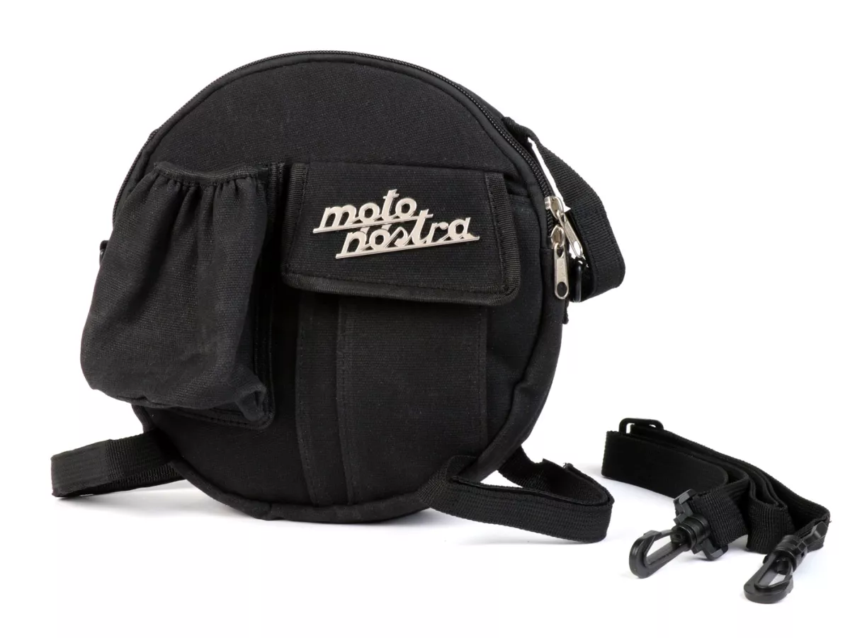 Tas bundar (Ø23cm) untuk roda cadangan 10 inci / tas bahu (termasuk tempat gelas) -MOTO NOSTRA Classic 'kanvas berlapis lilin' - cocok untuk misalnya Vespa, Lambretta - hitam