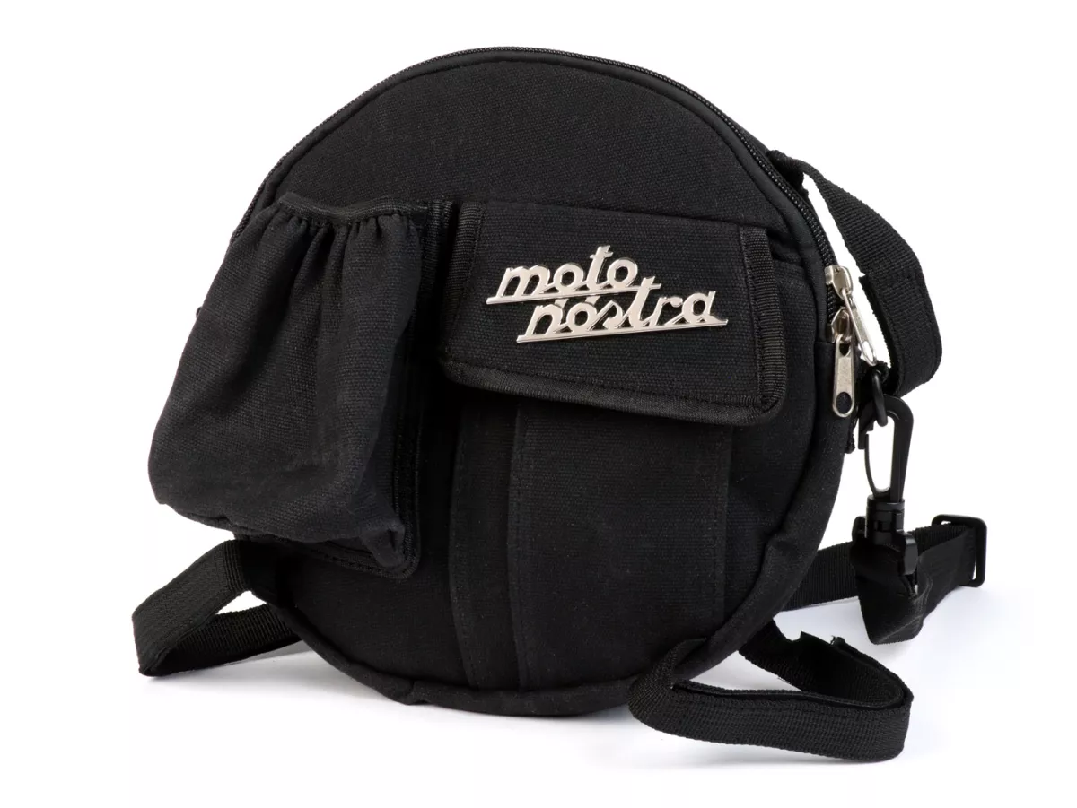 Tas bundar (Ø23cm) untuk roda cadangan 10 inci / tas bahu (termasuk tempat gelas) -MOTO NOSTRA Classic 'kanvas berlapis lilin' - cocok untuk misalnya Vespa, Lambretta - hitam