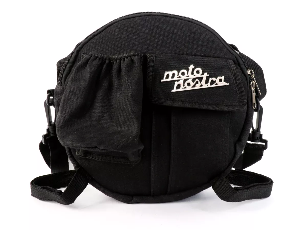 Tas bundar (Ø23cm) untuk roda cadangan 10 inci / tas bahu (termasuk tempat gelas) -MOTO NOSTRA Classic 'kanvas berlapis lilin' - cocok untuk misalnya Vespa, Lambretta - hitam