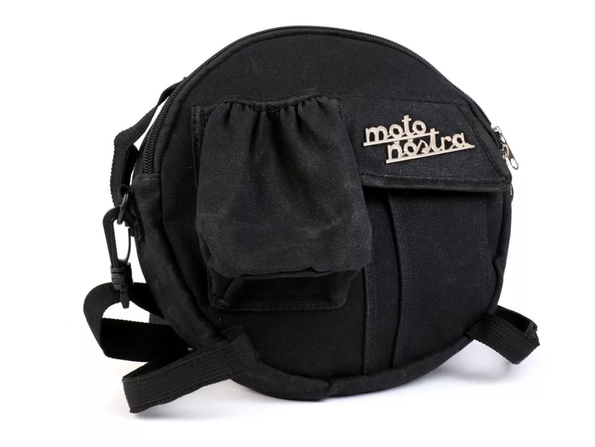 Tas bundar (Ø23cm) untuk roda cadangan 10 inci / tas bahu (termasuk tempat gelas) -MOTO NOSTRA Classic 'kanvas berlapis lilin' - cocok untuk misalnya Vespa, Lambretta - hitam