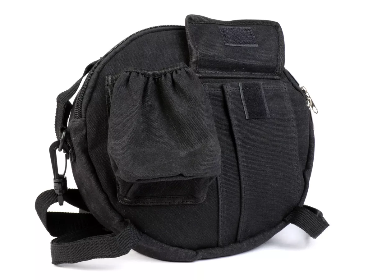 Tas bundar (Ø23cm) untuk roda cadangan 10 inci / tas bahu (termasuk tempat gelas) -MOTO NOSTRA Classic 'kanvas berlapis lilin' - cocok untuk misalnya Vespa, Lambretta - hitam