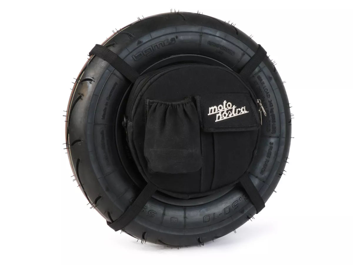 Tas bundar (Ø23cm) untuk roda cadangan 10 inci / tas bahu (termasuk tempat gelas) -MOTO NOSTRA Classic 'kanvas berlapis lilin' - cocok untuk misalnya Vespa, Lambretta - hitam
