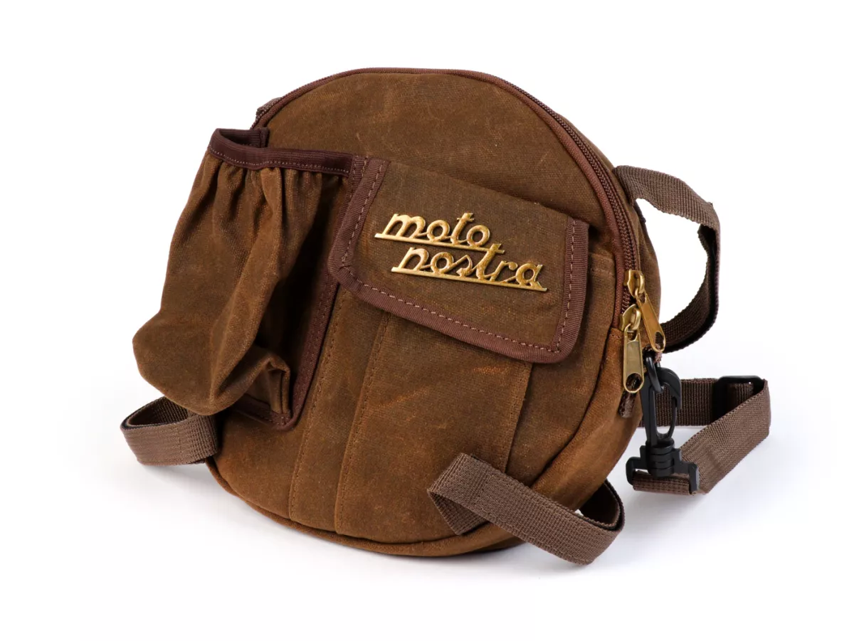 Tas bundar (Ø23cm) untuk roda cadangan 10 inci / tas bahu (termasuk tempat gelas) -MOTO NOSTRA Classic 'kanvas berlapis lilin' - cocok untuk misalnya Vespa, Lambretta - coklat