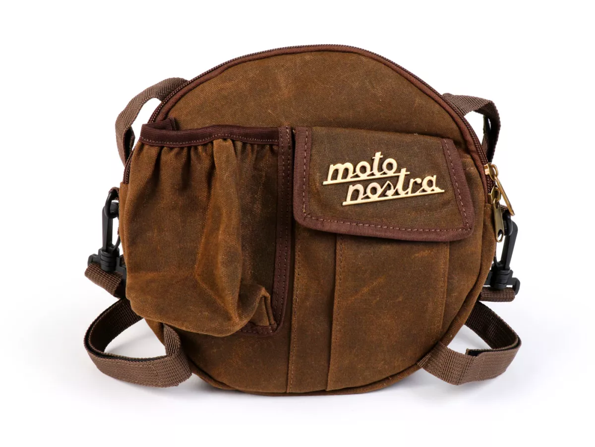 Tas bundar (Ø23cm) untuk roda cadangan 10 inci / tas bahu (termasuk tempat gelas) -MOTO NOSTRA Classic 'kanvas berlapis lilin' - cocok untuk misalnya Vespa, Lambretta - coklat