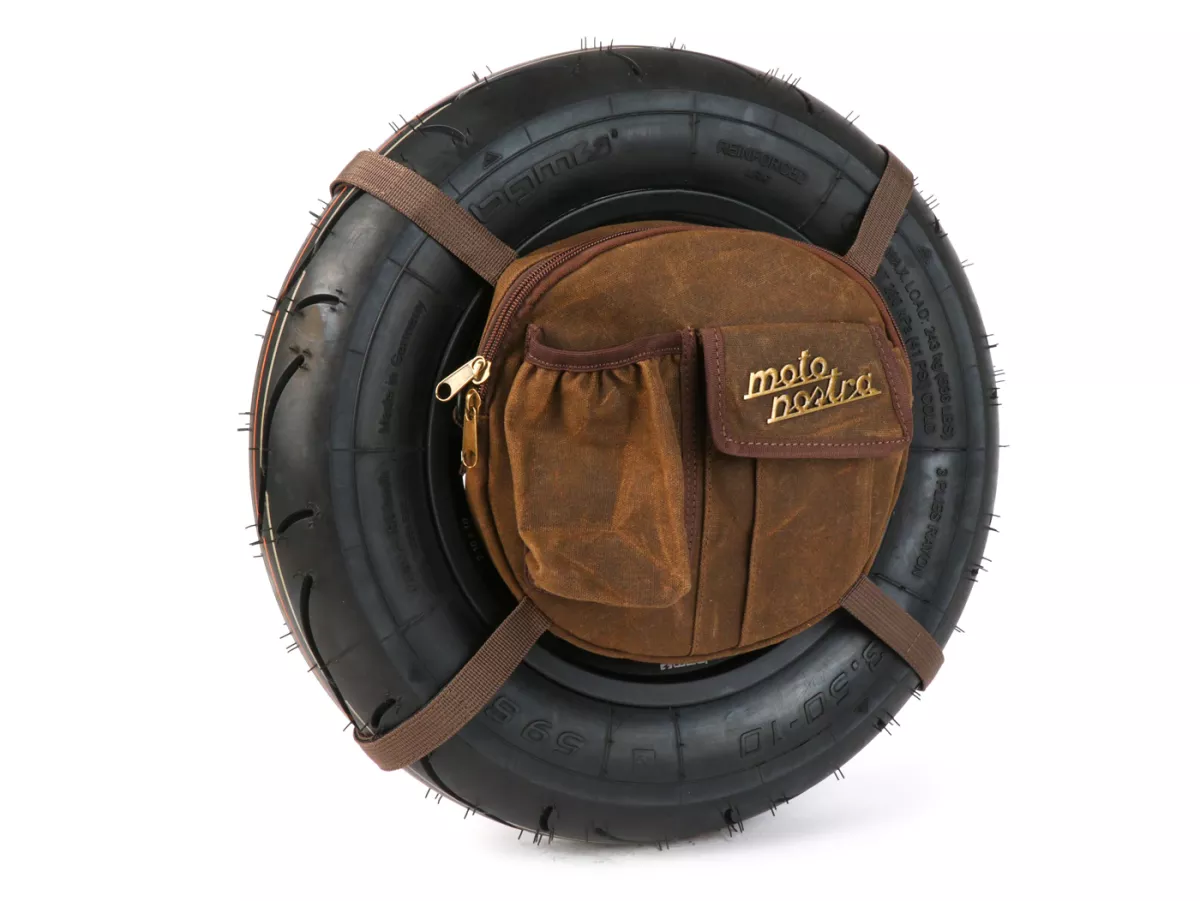 Tas bundar (Ø23cm) untuk roda cadangan 10 inci / tas bahu (termasuk tempat gelas) -MOTO NOSTRA Classic 'kanvas berlapis lilin' - cocok untuk misalnya Vespa, Lambretta - coklat
