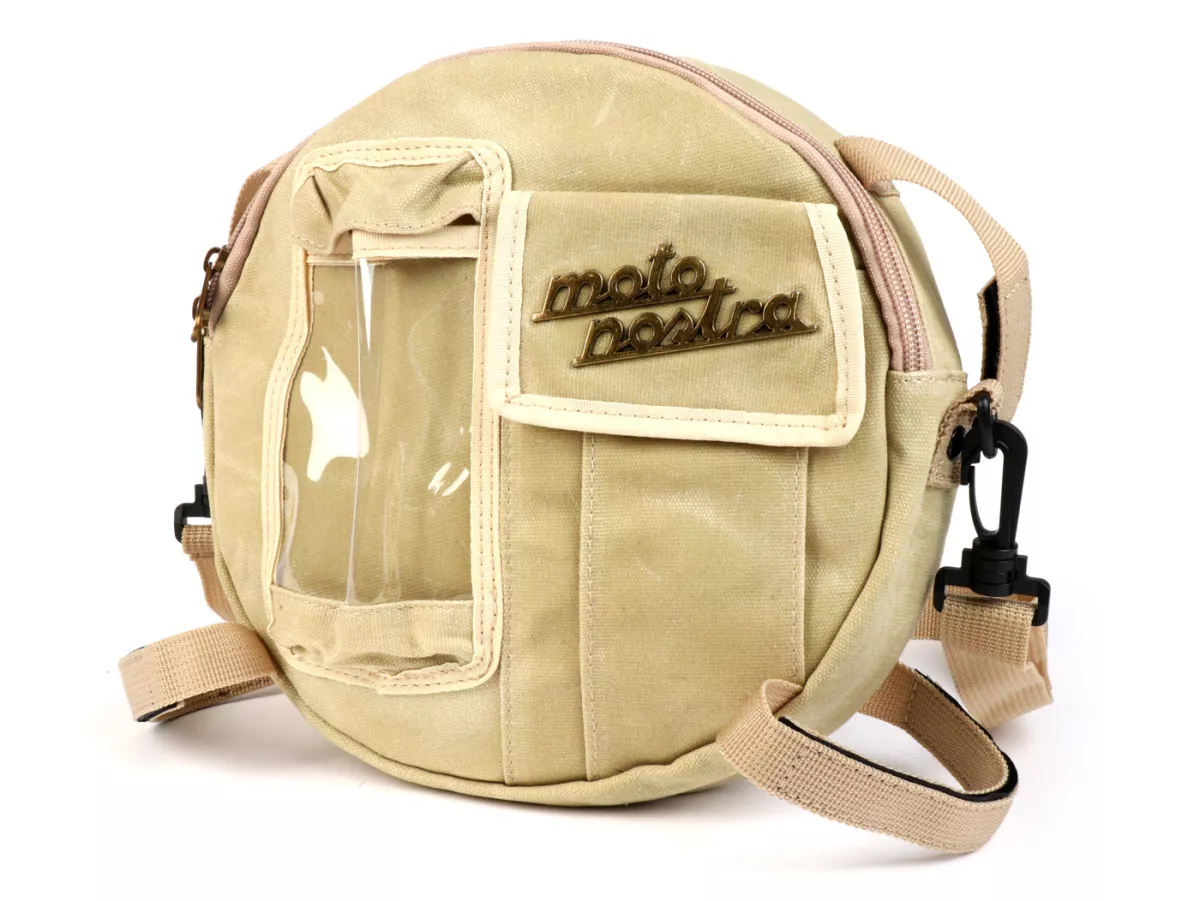 Tas bundar (Ø23cm) untuk roda cadangan 10 inci / tas bahu (termasuk tas ponsel (hingga 6,2 inci, mis. iPhone 11)) -MOTO NOSTRA Classic 'kanvas lilin' - cocok untuk mis. Vespa, Lambretta - krem