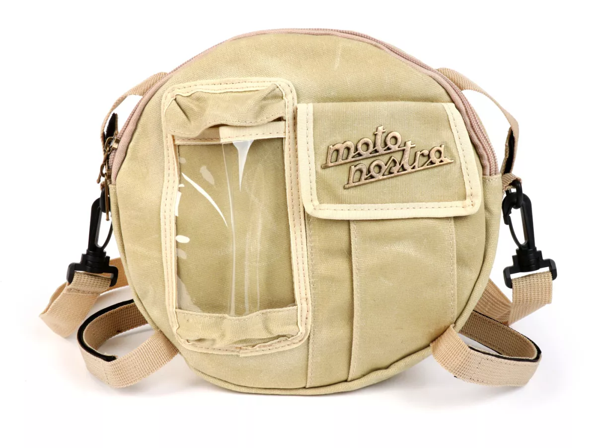 Tas bundar (Ø23cm) untuk roda cadangan 10 inci / tas bahu (termasuk tas ponsel (hingga 6,2 inci, mis. iPhone 11)) -MOTO NOSTRA Classic 'kanvas lilin' - cocok untuk mis. Vespa, Lambretta - krem