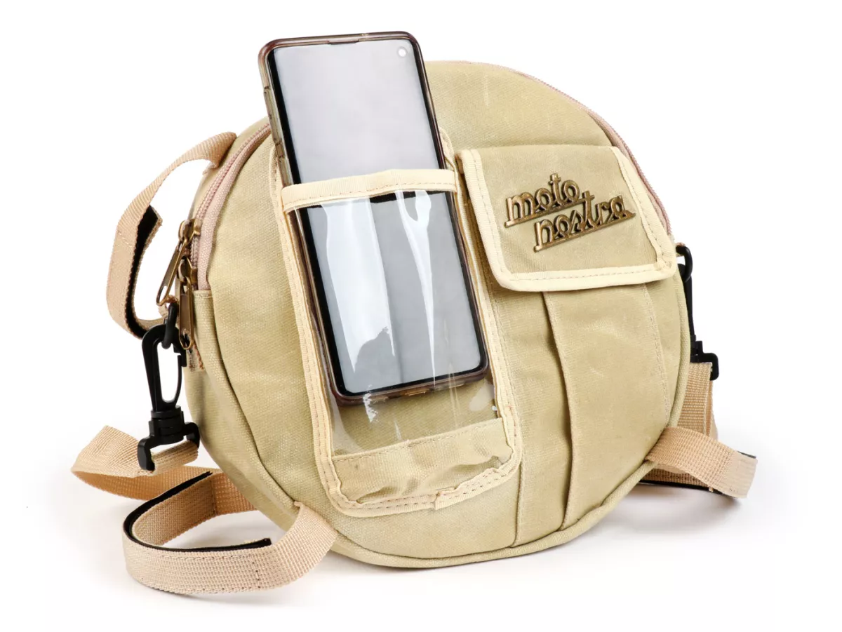 Tas bundar (Ø23cm) untuk roda cadangan 10 inci / tas bahu (termasuk tas ponsel (hingga 6,2 inci, mis. iPhone 11)) -MOTO NOSTRA Classic 'kanvas lilin' - cocok untuk mis. Vespa, Lambretta - krem