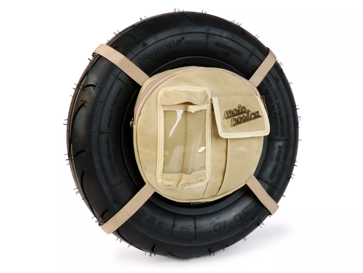 Tas bundar (Ø23cm) untuk roda cadangan 10 inci / tas bahu (termasuk tas ponsel (hingga 6,2 inci, mis. iPhone 11)) -MOTO NOSTRA Classic 'kanvas lilin' - cocok untuk mis. Vespa, Lambretta - krem