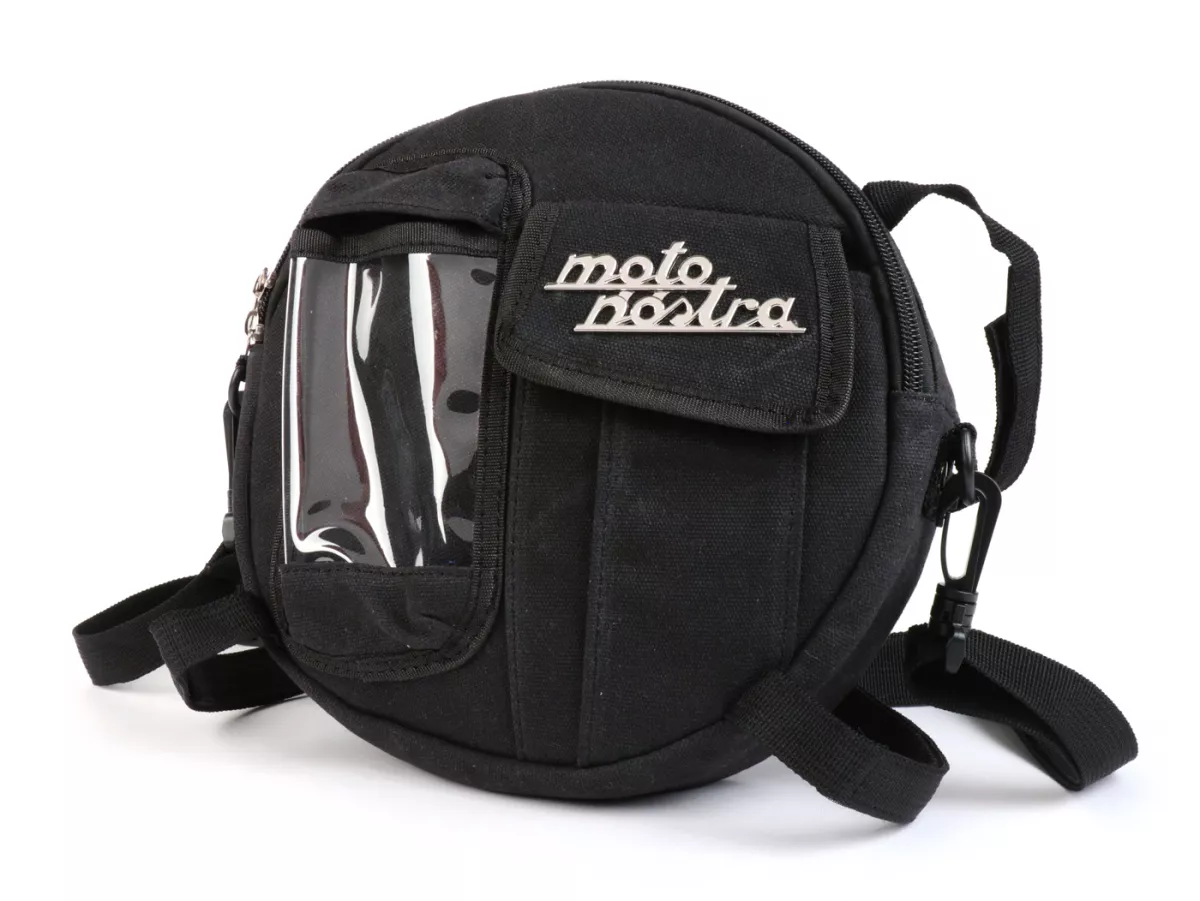 Tas bundar (Ø23cm) untuk roda cadangan 10 inci / tas bahu (termasuk tas ponsel (hingga 6,2 inci, mis. iPhone 11)) -MOTO NOSTRA Classic 'kanvas lilin' - cocok untuk mis. Vespa, Lambretta - hitam