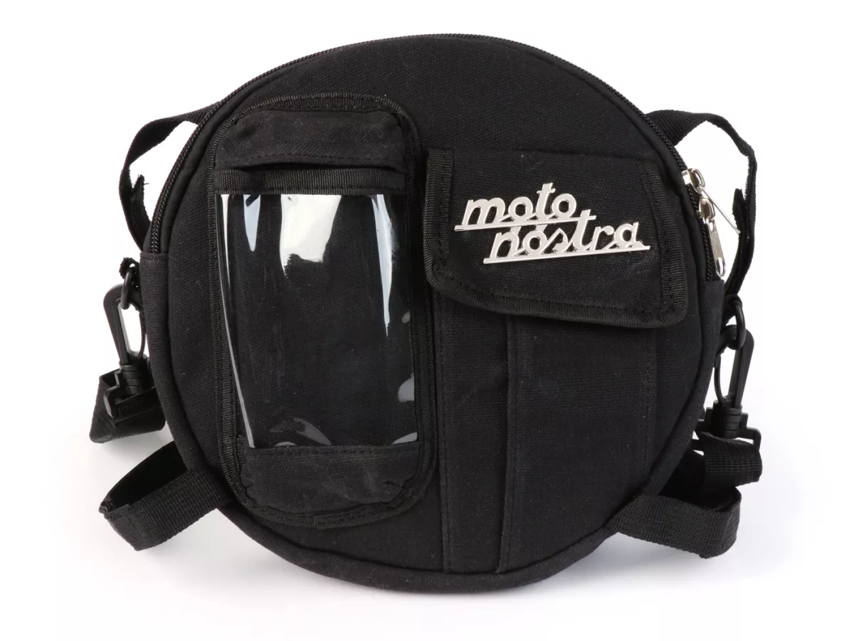 Tas bundar (Ø23cm) untuk roda cadangan 10 inci / tas bahu (termasuk tas ponsel (hingga 6,2 inci, mis. iPhone 11)) -MOTO NOSTRA Classic 'kanvas lilin' - cocok untuk mis. Vespa, Lambretta - hitam