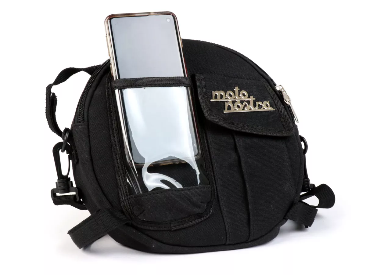 Tas bundar (Ø23cm) untuk roda cadangan 10 inci / tas bahu (termasuk tas ponsel (hingga 6,2 inci, mis. iPhone 11)) -MOTO NOSTRA Classic 'kanvas lilin' - cocok untuk mis. Vespa, Lambretta - hitam