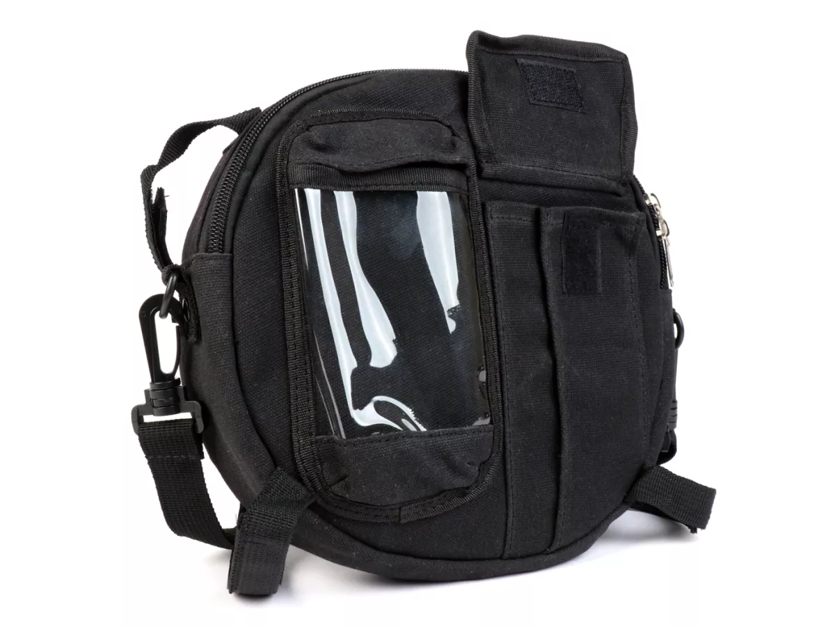 Tas bundar (Ø23cm) untuk roda cadangan 10 inci / tas bahu (termasuk tas ponsel (hingga 6,2 inci, mis. iPhone 11)) -MOTO NOSTRA Classic 'kanvas lilin' - cocok untuk mis. Vespa, Lambretta - hitam