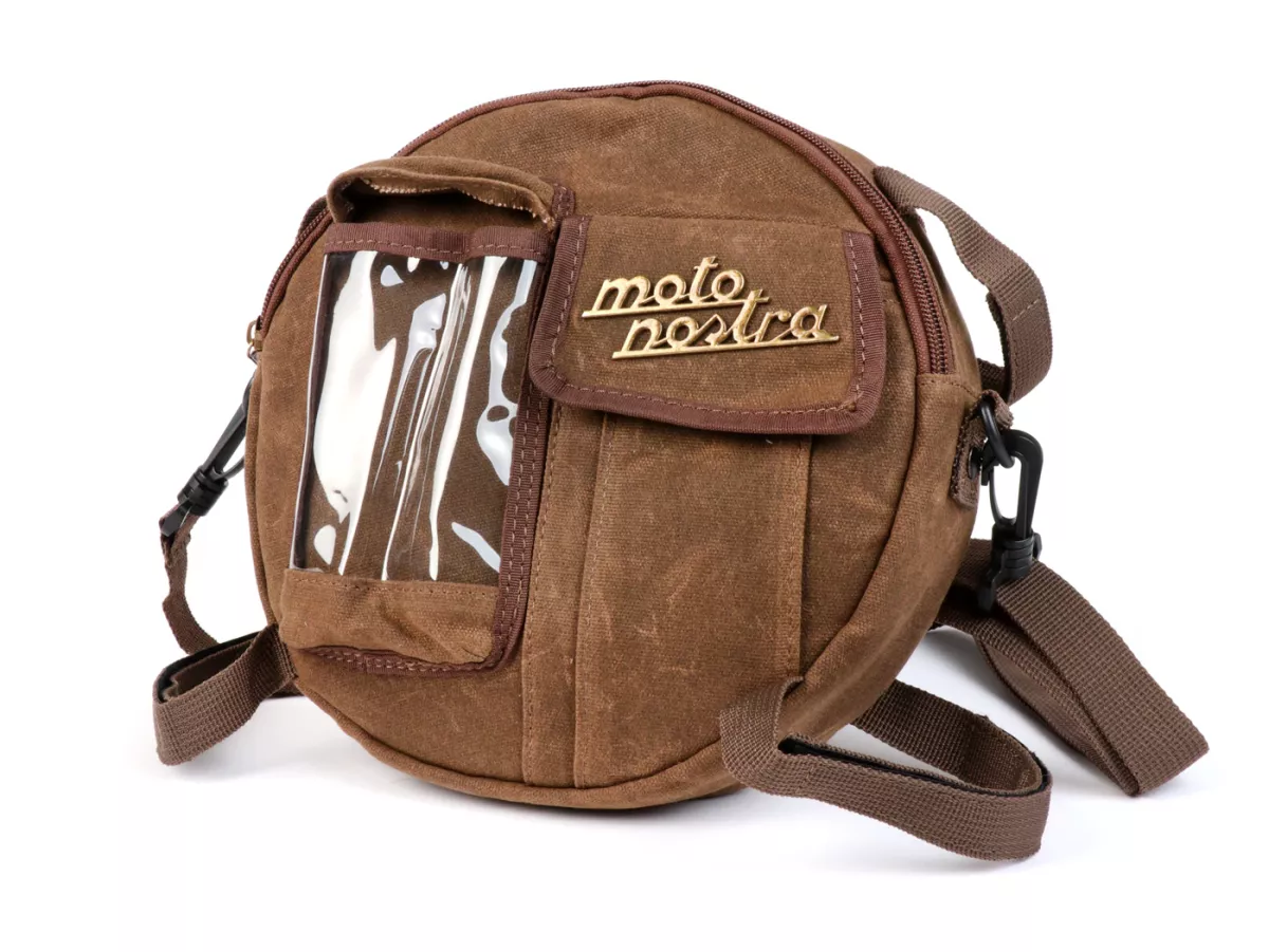 Tas bundar (Ø23cm) untuk roda cadangan 10 inci / tas bahu (termasuk tas ponsel (hingga 6,2 inci, mis. iPhone 11)) -MOTO NOSTRA Classic 'kanvas lilin' - cocok untuk mis. Vespa, Lambretta - coklat