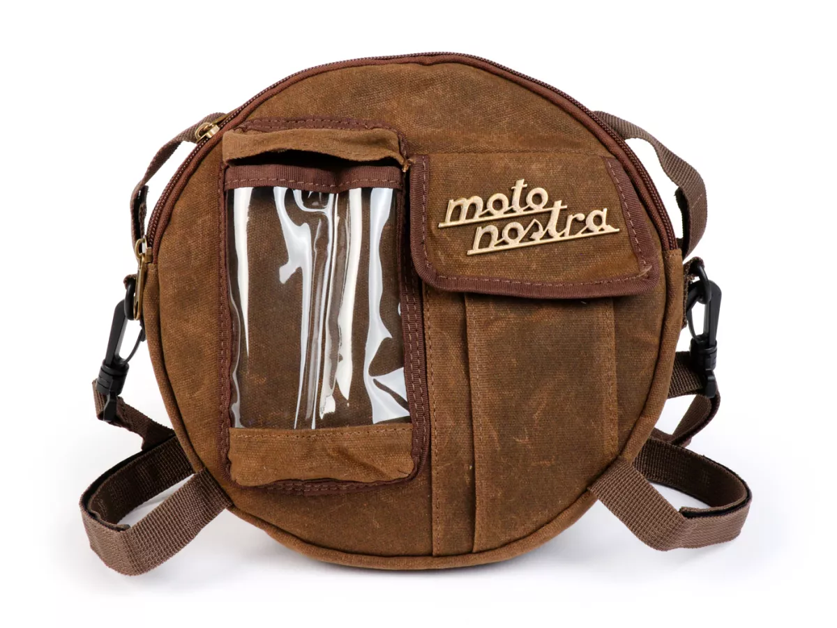 Tas bundar (Ø23cm) untuk roda cadangan 10 inci / tas bahu (termasuk tas ponsel (hingga 6,2 inci, mis. iPhone 11)) -MOTO NOSTRA Classic 'kanvas lilin' - cocok untuk mis. Vespa, Lambretta - coklat