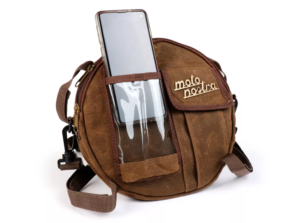 Tas bundar (Ø23cm) untuk roda cadangan 10 inci / tas bahu (termasuk tas ponsel (hingga 6,2 inci, mis. iPhone 11)) -MOTO NOSTRA Classic 'kanvas lilin' - cocok untuk mis. Vespa, Lambretta - coklat