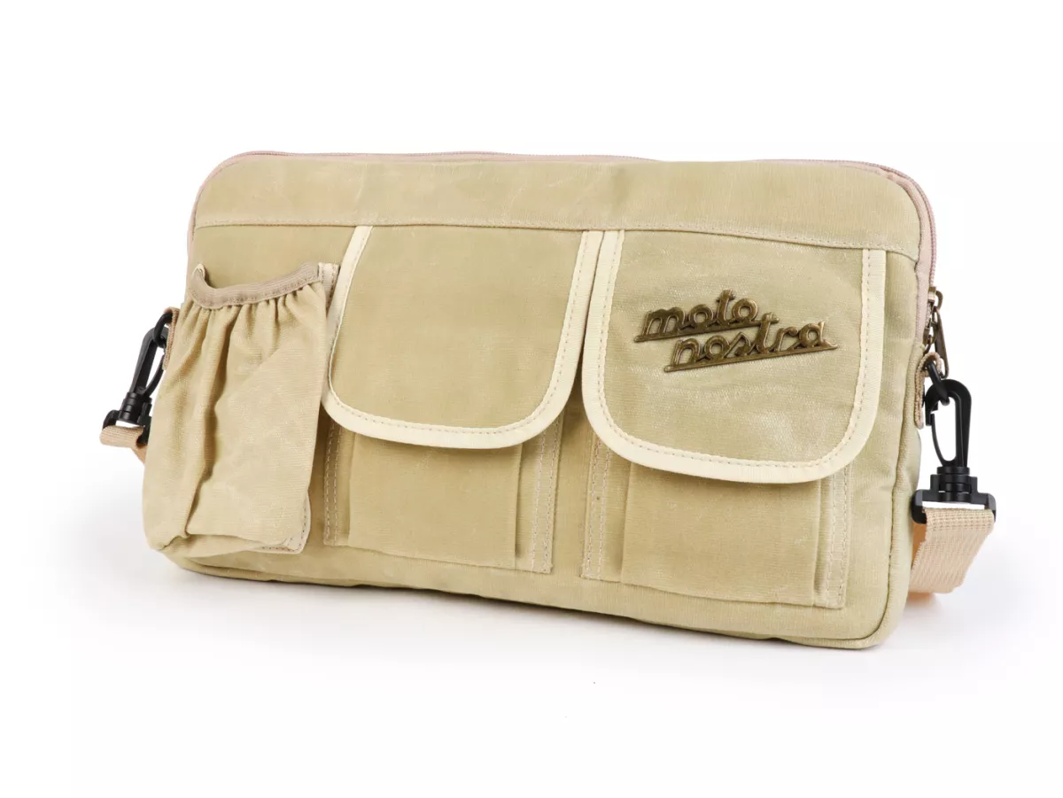 Bag for luggage compartment flap (incl. cup holder) -MOTO NOSTRA Classic 'waxed canvas'- suitable for e.g. Vespa, Lambretta, GTV, GTS, HPE, Supertech, Touring - beige