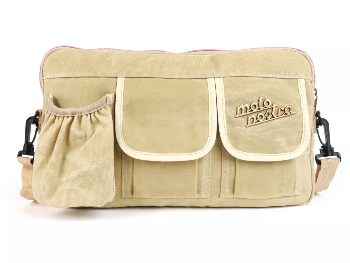 Bag for luggage compartment flap (incl. cup holder) -MOTO NOSTRA Classic 'waxed canvas'- suitable for e.g. Vespa, Lambretta, GTV, GTS, HPE, Supertech, Touring - beige