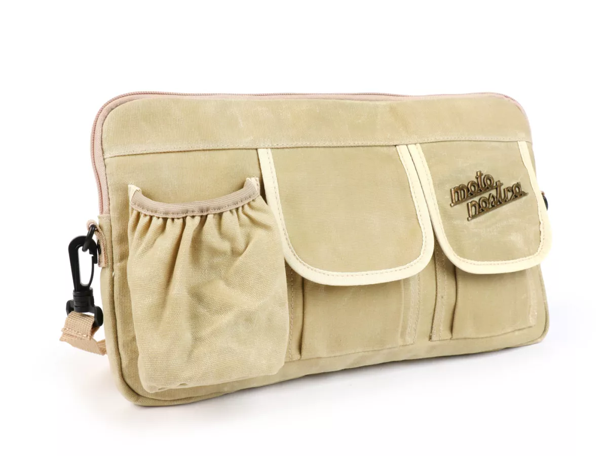 Bag for luggage compartment flap (incl. cup holder) -MOTO NOSTRA Classic 'waxed canvas'- suitable for e.g. Vespa, Lambretta, GTV, GTS, HPE, Supertech, Touring - beige