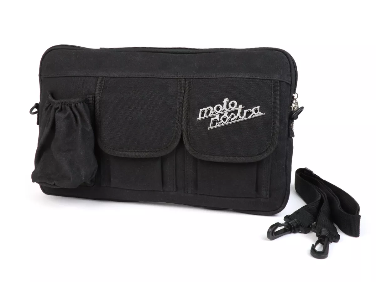 Bolsa para maletero solapa / bandolera (incl. portavasos) -MOTO NOSTRA Classic 'lona encerada'- adecuada para p. ej. Vespa, Lambretta, GTV, GTS, HPE, Supertech, Touring - negro