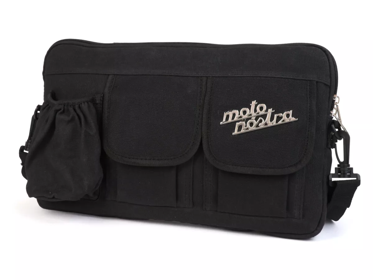 Bolsa para maletero solapa / bandolera (incl. portavasos) -MOTO NOSTRA Classic 'lona encerada'- adecuada para p. ej. Vespa, Lambretta, GTV, GTS, HPE, Supertech, Touring - negro