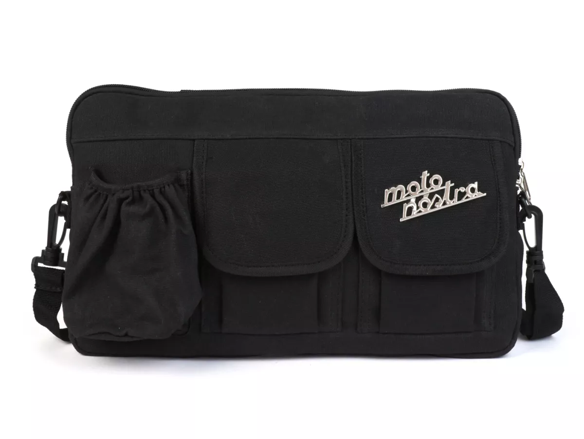 Bolsa para maletero solapa / bandolera (incl. portavasos) -MOTO NOSTRA Classic 'lona encerada'- adecuada para p. ej. Vespa, Lambretta, GTV, GTS, HPE, Supertech, Touring - negro