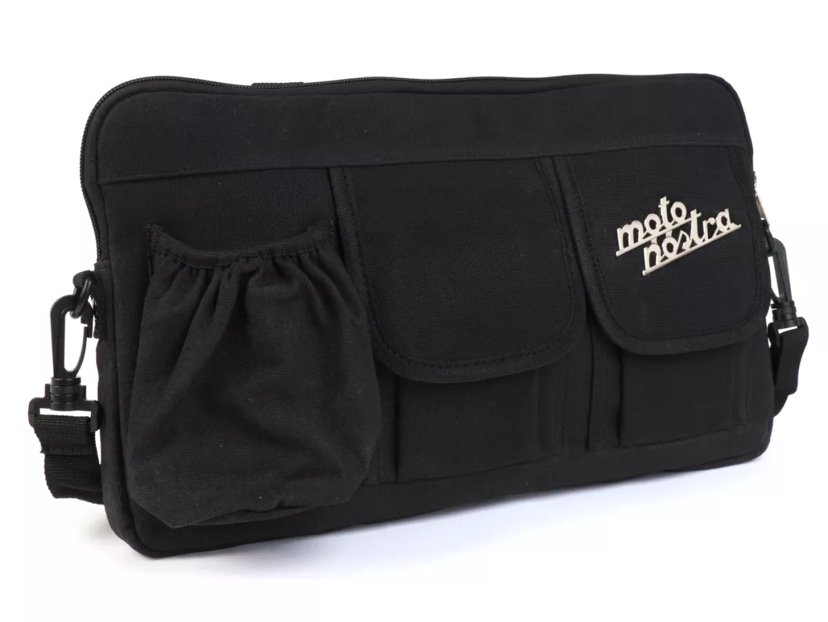 Bolsa para maletero solapa / bandolera (incl. portavasos) -MOTO NOSTRA Classic 'lona encerada'- adecuada para p. ej. Vespa, Lambretta, GTV, GTS, HPE, Supertech, Touring - negro
