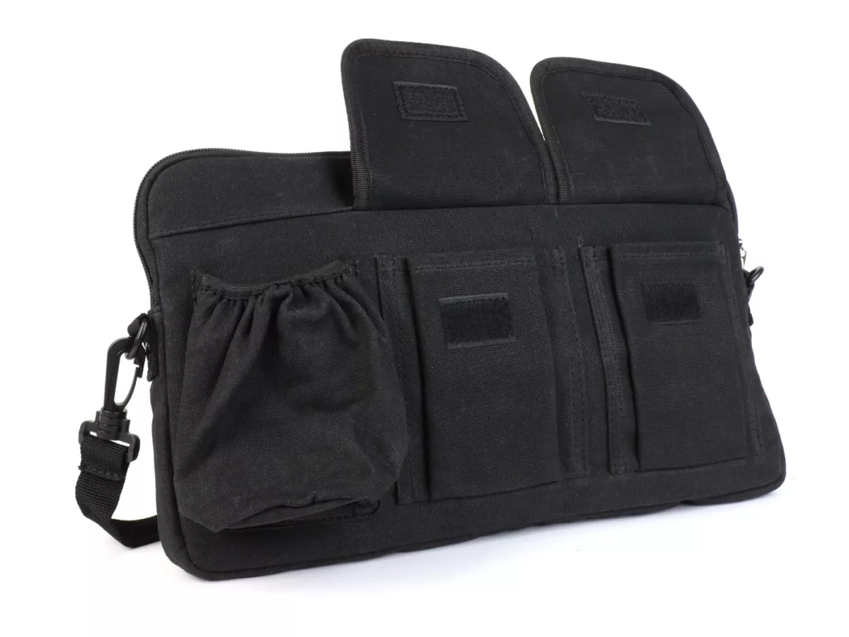 Bolsa para maletero solapa / bandolera (incl. portavasos) -MOTO NOSTRA Classic 'lona encerada'- adecuada para p. ej. Vespa, Lambretta, GTV, GTS, HPE, Supertech, Touring - negro
