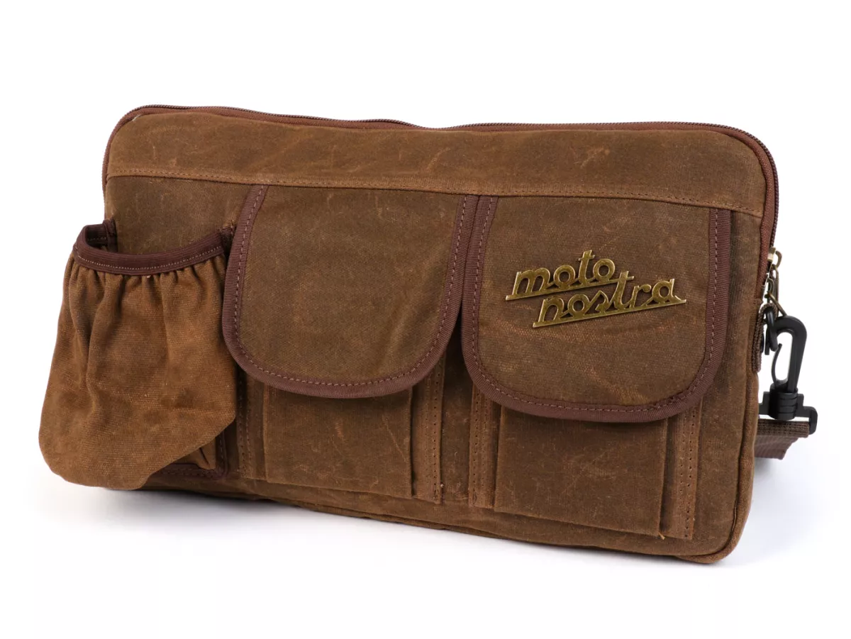 Bolsa para maletero solapa / bandolera (incl. portavasos) -MOTO NOSTRA Classic 'lona encerada'- adecuada para p. ej. Vespa, Lambretta, GTV, GTS, HPE, Supertech, Touring - marrón