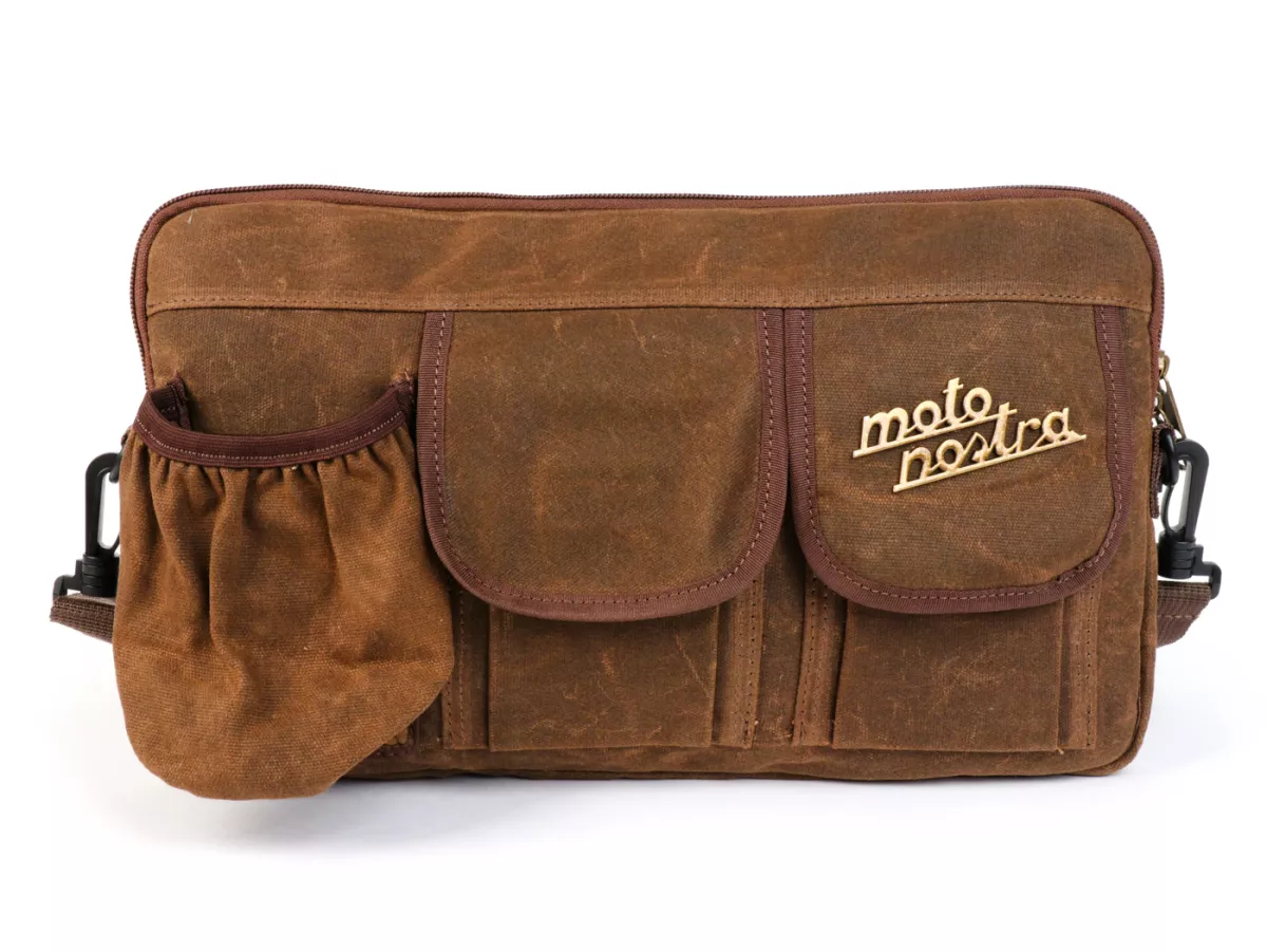 Bolsa para maletero solapa / bandolera (incl. portavasos) -MOTO NOSTRA Classic 'lona encerada'- adecuada para p. ej. Vespa, Lambretta, GTV, GTS, HPE, Supertech, Touring - marrón