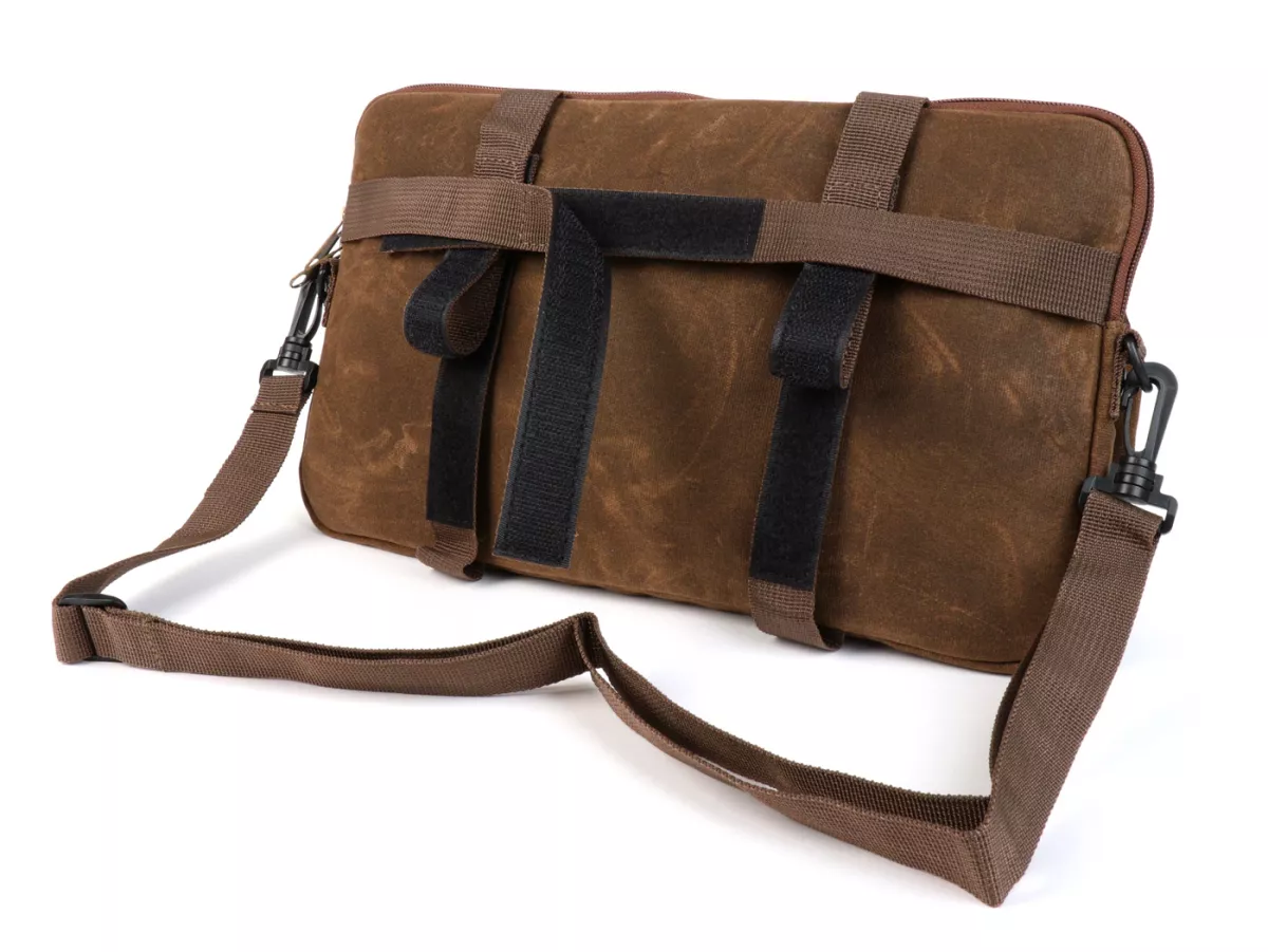 Bolsa para maletero solapa / bandolera (incl. portavasos) -MOTO NOSTRA Classic 'lona encerada'- adecuada para p. ej. Vespa, Lambretta, GTV, GTS, HPE, Supertech, Touring - marrón
