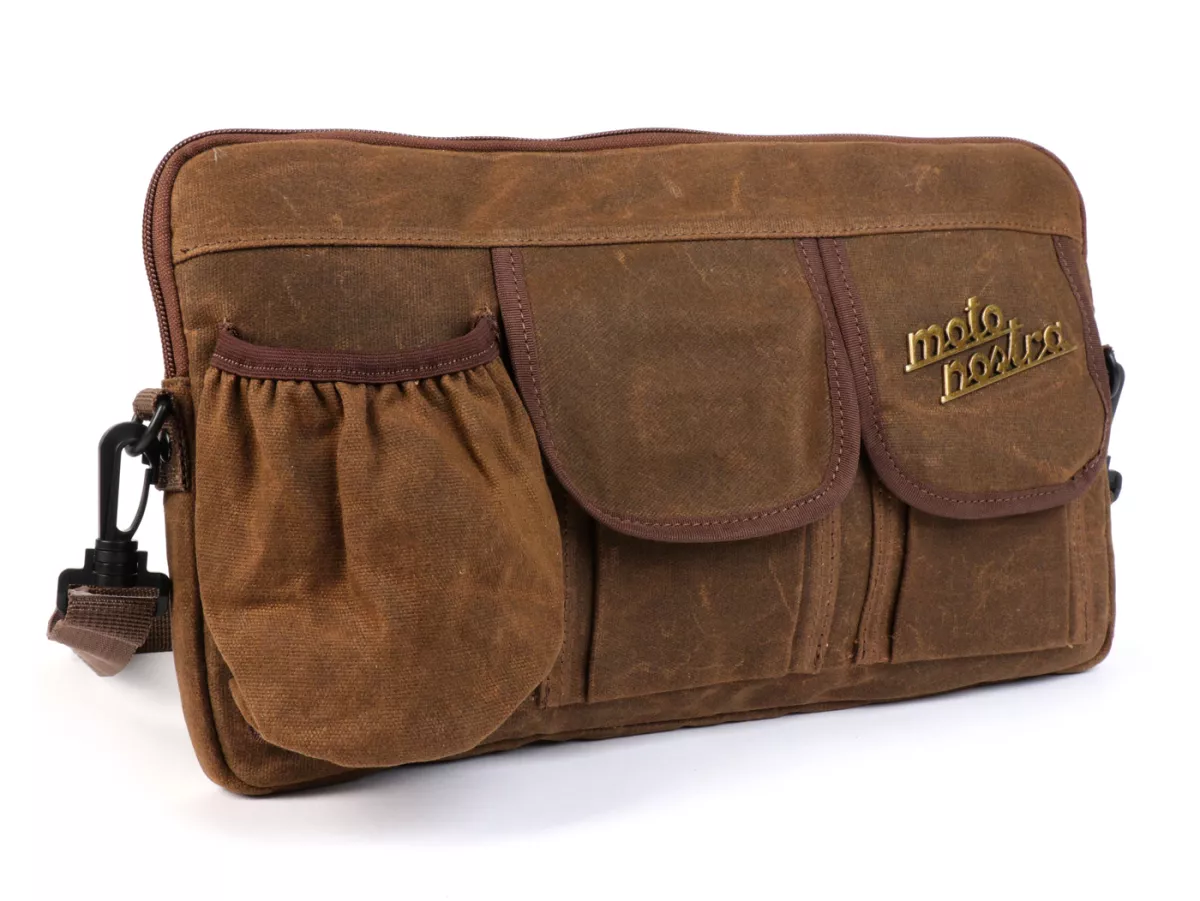 Bolsa para maletero solapa / bandolera (incl. portavasos) -MOTO NOSTRA Classic 'lona encerada'- adecuada para p. ej. Vespa, Lambretta, GTV, GTS, HPE, Supertech, Touring - marrón
