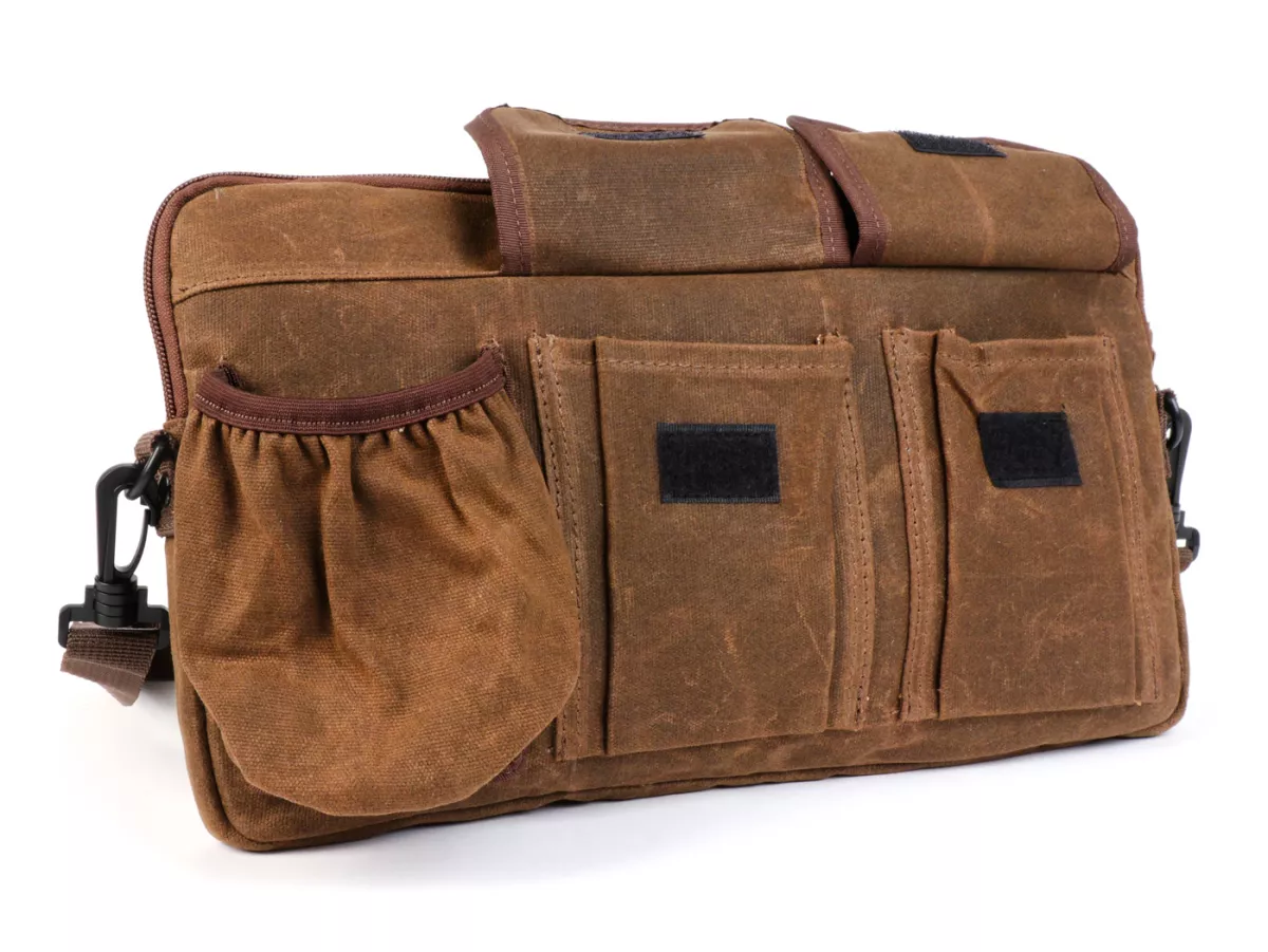 Bolsa para maletero solapa / bandolera (incl. portavasos) -MOTO NOSTRA Classic 'lona encerada'- adecuada para p. ej. Vespa, Lambretta, GTV, GTS, HPE, Supertech, Touring - marrón