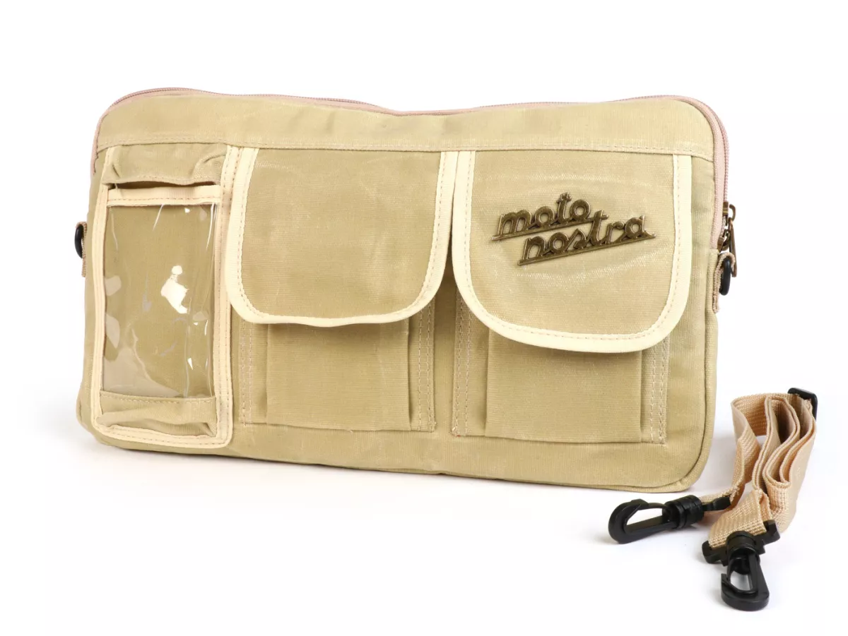 Sac pour le rabat du compartiment à bagages (avec support pour téléphone portable (jusqu'à 6,2 pouces, par exemple iPhone 11)) -MOTO NOSTRA Classic coton ciré - convient par exemple pour Vespa, Lambretta, GTV, GTS, HPE, Supertech, Touring - beige
