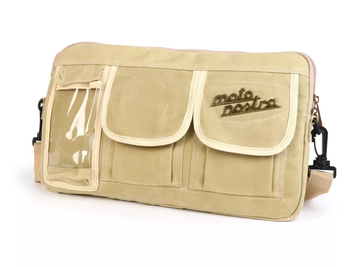 Sac pour le rabat du compartiment à bagages (avec support pour téléphone portable (jusqu'à 6,2 pouces, par exemple iPhone 11)) -MOTO NOSTRA Classic coton ciré - convient par exemple pour Vespa, Lambretta, GTV, GTS, HPE, Supertech, Touring - beige