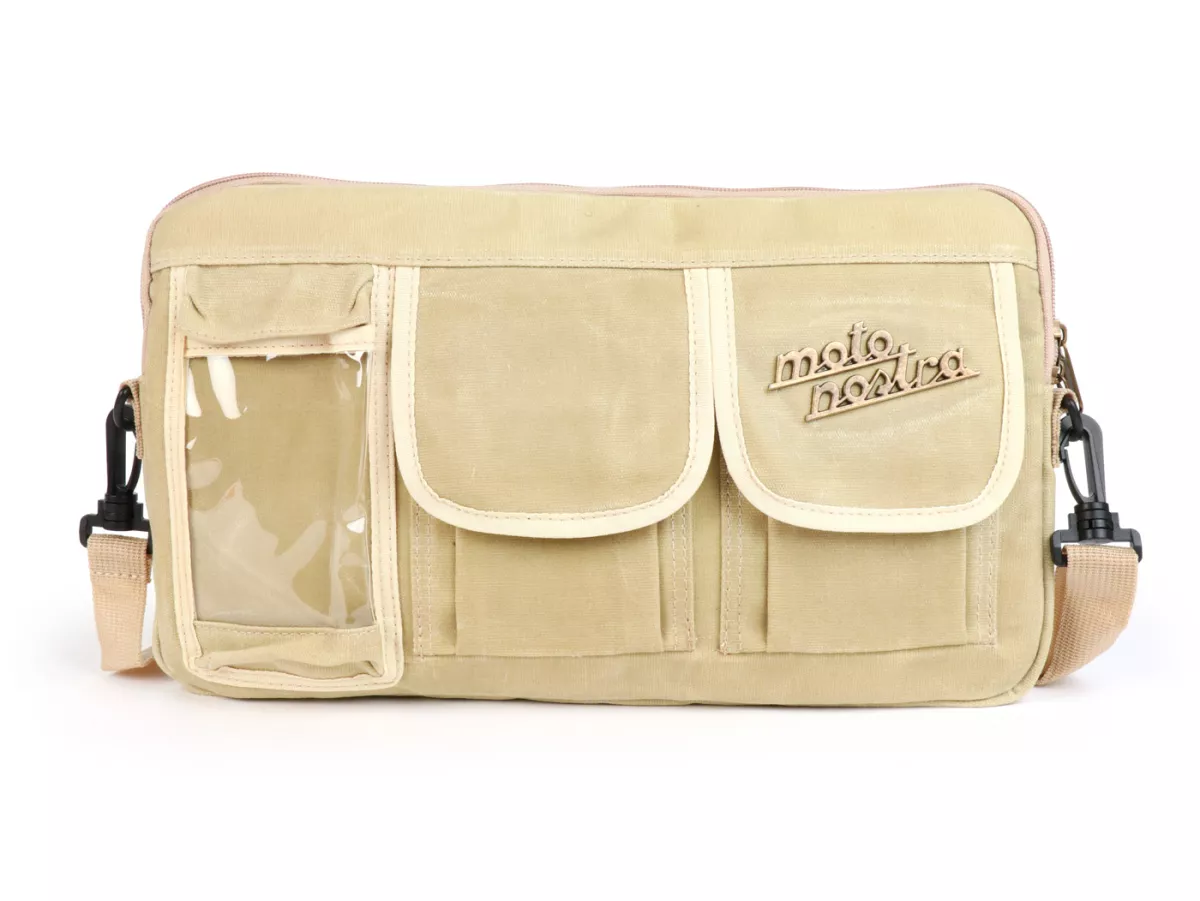 Sac pour le rabat du compartiment à bagages (avec support pour téléphone portable (jusqu'à 6,2 pouces, par exemple iPhone 11)) -MOTO NOSTRA Classic coton ciré - convient par exemple pour Vespa, Lambretta, GTV, GTS, HPE, Supertech, Touring - beige