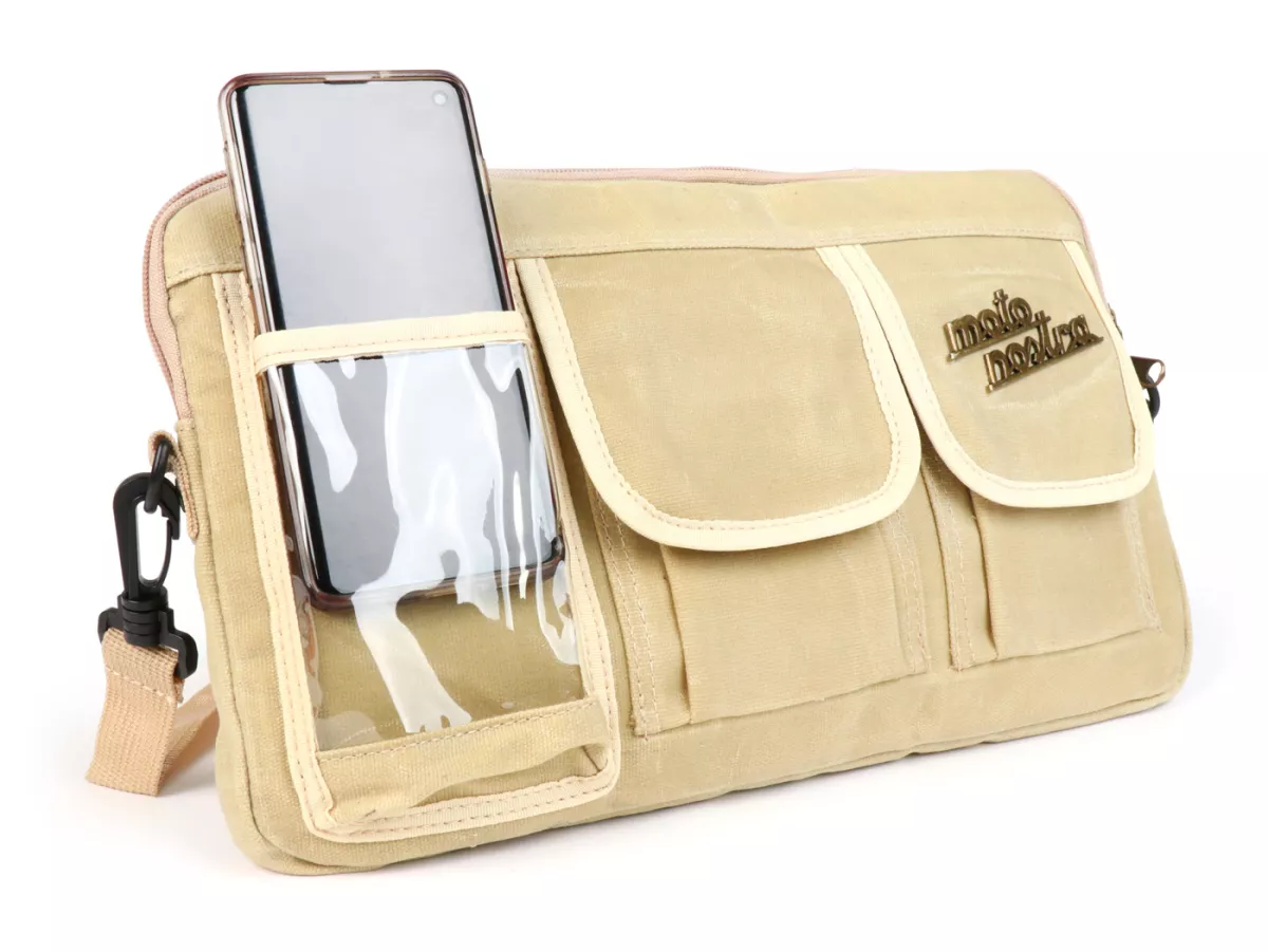 Sac pour le rabat du compartiment à bagages (avec support pour téléphone portable (jusqu'à 6,2 pouces, par exemple iPhone 11)) -MOTO NOSTRA Classic coton ciré - convient par exemple pour Vespa, Lambretta, GTV, GTS, HPE, Supertech, Touring - beige