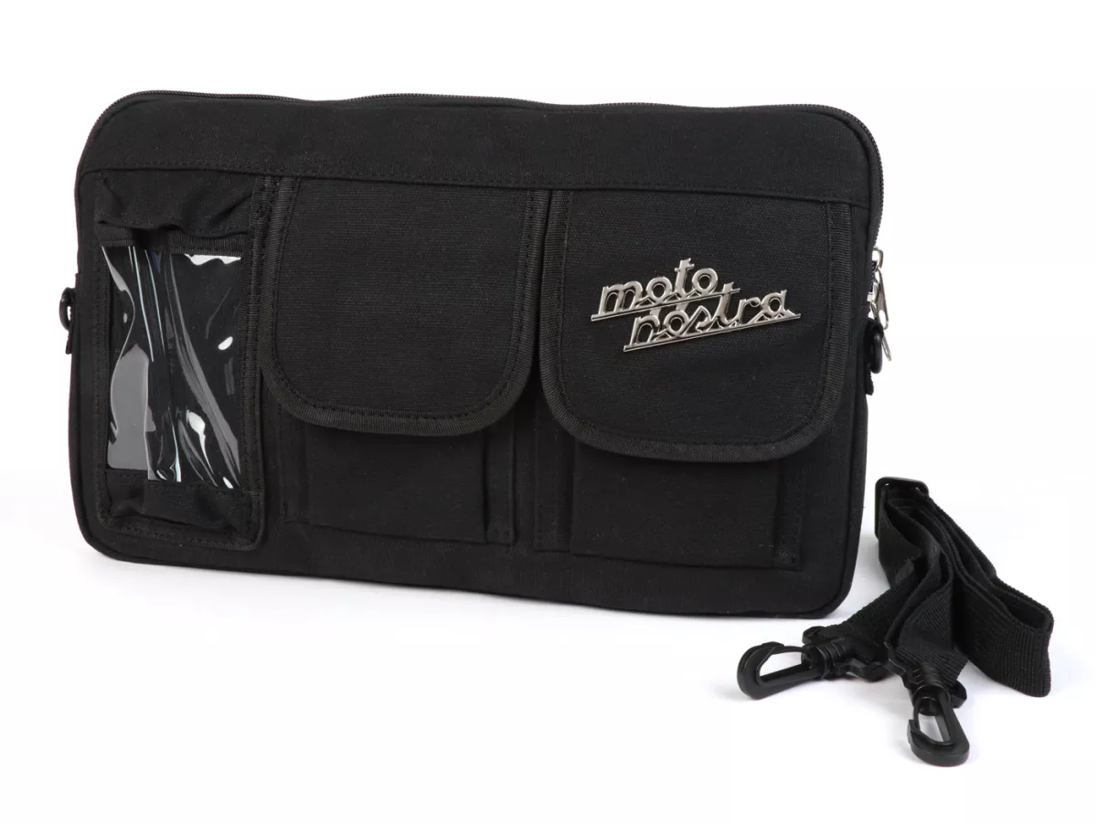Bolsa para maletero solapa / bandolera (incl. funda para móvil (hasta 6,2 pulgadas, p. ej. iPhone 11)) -MOTO NOSTRA Classic 'lona encerada'- adecuada para p. ej. Vespa, Lambretta, GTV, GTS, HPE, Supertech, Touring - negro