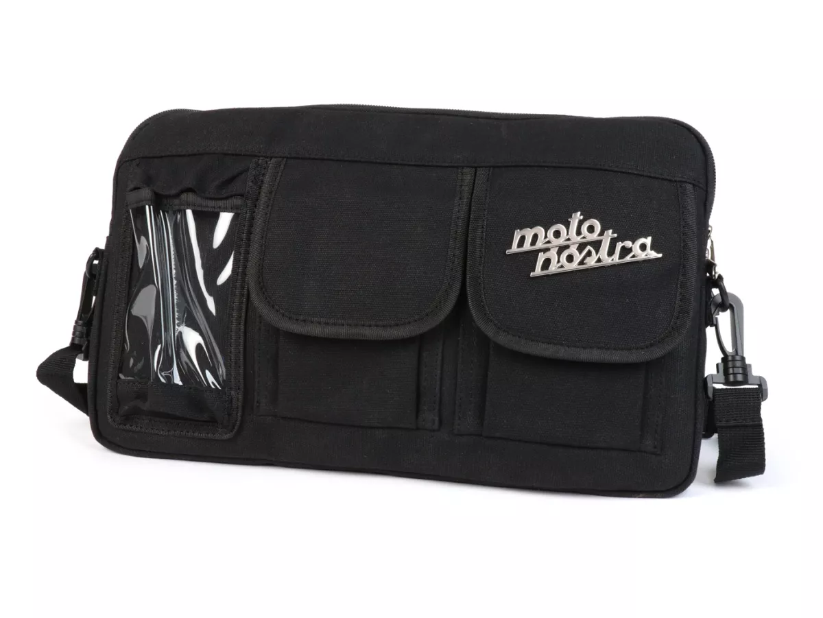 Bolsa para maletero solapa / bandolera (incl. funda para móvil (hasta 6,2 pulgadas, p. ej. iPhone 11)) -MOTO NOSTRA Classic 'lona encerada'- adecuada para p. ej. Vespa, Lambretta, GTV, GTS, HPE, Supertech, Touring - negro